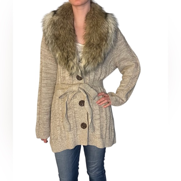 Chico's Jackets & Blazers - Chico's faux fur collar knit button belted waist long sleeve cardigan coat beige